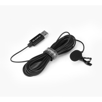 Microfone de lapela preto com cabo e conector USB