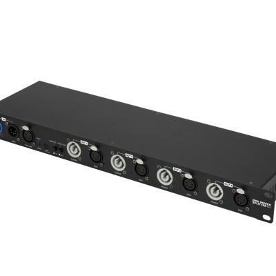 Interface de áudio profissional preta com entradas XLR e PowerCON