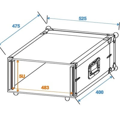 Desenho técnico de uma caixa de transporte rígida com dimensões e indicação 5U