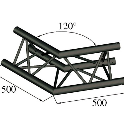 Estrutura metálica preta angular com reforços triangulares e medidas de 500 mm