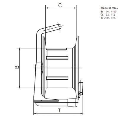 Desenho técnico em preto e branco com dimensões em mm e polegadas