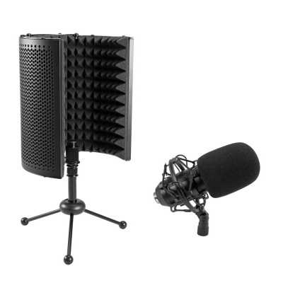 Microfone com espuma, suporte e escudo acústico portátil preto