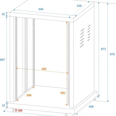 Armário metálico branco com rodas e medidas técnicas em milímetros