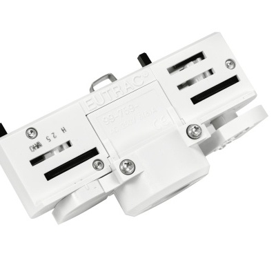 Conector elétrico branco com parafusos e inscrições técnicas
