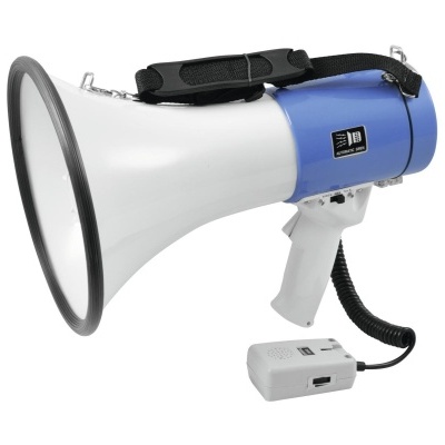 Megafone branco e azul com pega e microfone separado em fundo branco