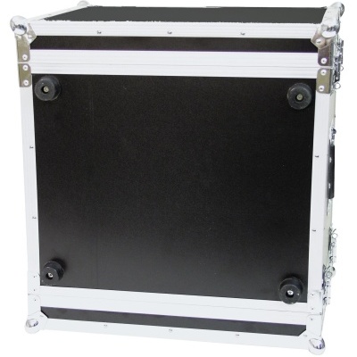 Caixa de transporte preta com bordas metálicas e pés de borracha