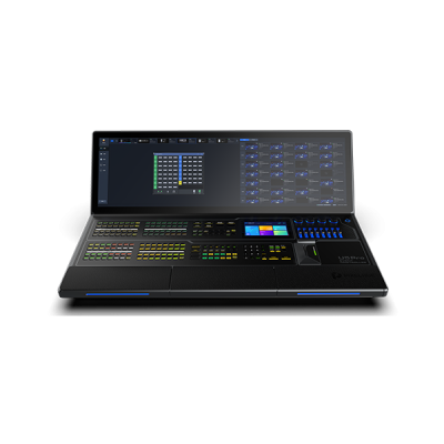 Mesa de mistura e controlo digital com ecrã panorâmico e botões coloridos