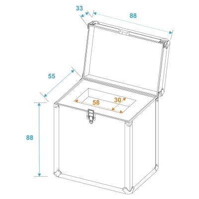 Desenho técnico de baú metálico aberto com dimensões anotadas.