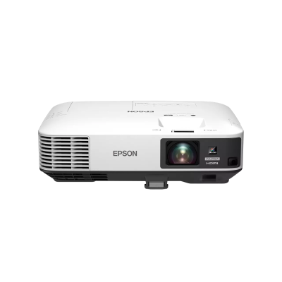 Projetor branco Epson com lente e grelha de ventilação lateral.