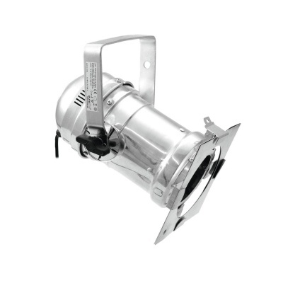 Projetor de luz cênica metálico prateado em fundo branco