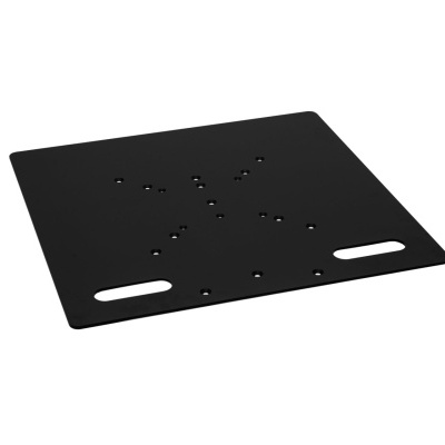 Placa metálica preta quadrada com furos e acabamento fosco