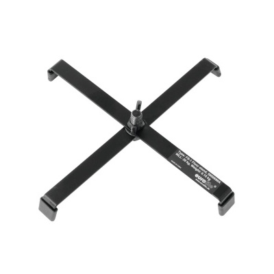 Suporte metálico preto em forma de cruz com parafuso central em fundo branco