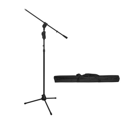 Suporte de microfone preto com tripé e bolsa de transporte