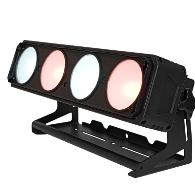 Barra de iluminação preta com quatro luzes circulares brancas e rosas