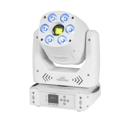 Luz móvel LED branca com seis LEDs azuis e um amarelo no centro, texto LED TMH-1190