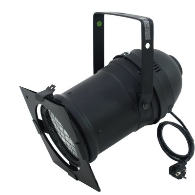 Projetor de luz preto para palco com suporte e cabo elétrico.