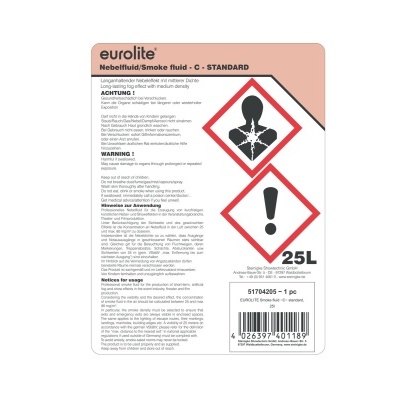 Embalagem de líquido de fumo eurolite 25L com advertências e símbolos de perigo