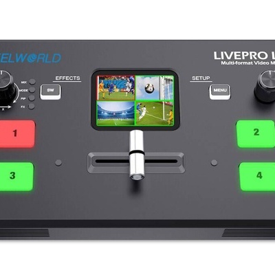 Mesa de mistura de vídeo Feelworld LIVEPRO L1 com botões coloridos e ecrã central