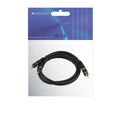 Cabo de áudio RCA preto com conectores dourados embalado em cartão azul e branco