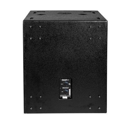 Coluna de som preta quadrada com conexões e botão ajustável