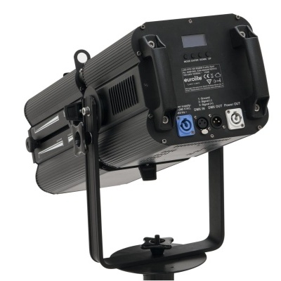Projetor de luz profissional preto com suporte e painel traseiro de conexões