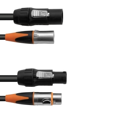 Cabos com conectores XLR preto, prateados, e revestimento preto e laranja