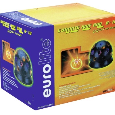 Caixa do produto Eurolite Europe Half Ball B-10 com imagem do dispositivo preto com luzes coloridas