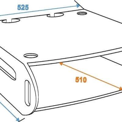 Suporte para equipamento eletrónico branco com dimensões e abertura central
