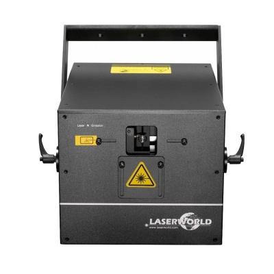 Dispositivo laser preto da marca LASERWORLD com etiqueta amarela e alça superior