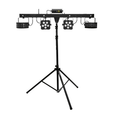 Sistema de iluminação de palco com quatro luzes LED em suporte preto ajustável com tripé