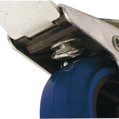 Roda azul com estrutura metálica prateada e parafuso