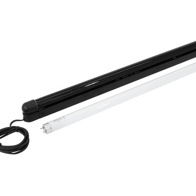 Lâmpada fluorescente tubular com soquete preto e cabo elétrico