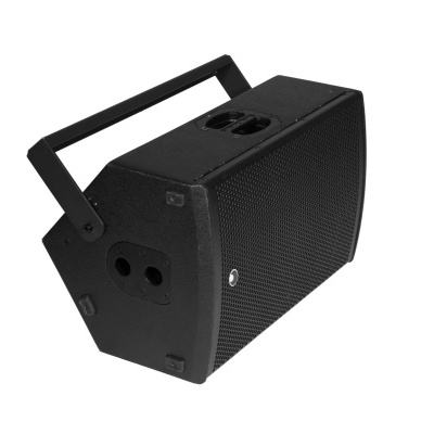 Coluna sonora preta com grelha metálica e suporte de transporte