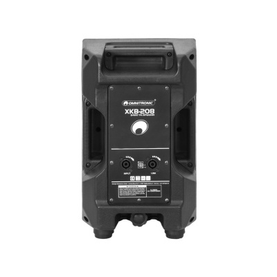 Coluna de som portátil preta com alça e painel frontal com várias entradas e controles