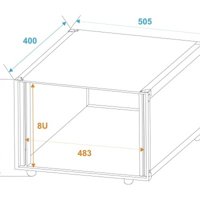 Estrutura retangular branca com medidas em milímetros para uso em rack