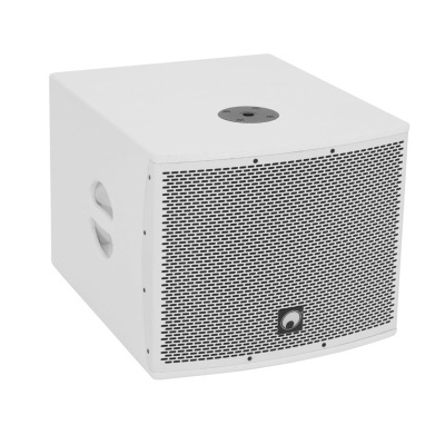 Subwoofer profissional branco com grade metálica perfurada na frente