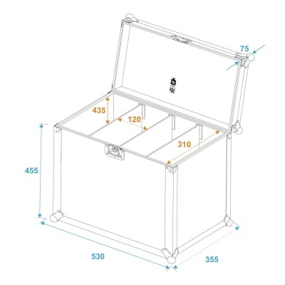 desenho técnico de caixa de armazenamento com dimensões e divisórias internas
