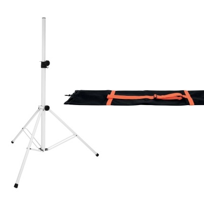 Suporte tripé metálico branco com bolsa de transporte preta e laranja