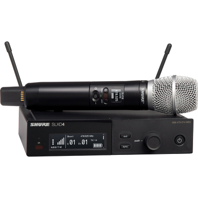 Microfone sem fios Shure SLXD4 com transmissor preto e recetor preto com visor digital