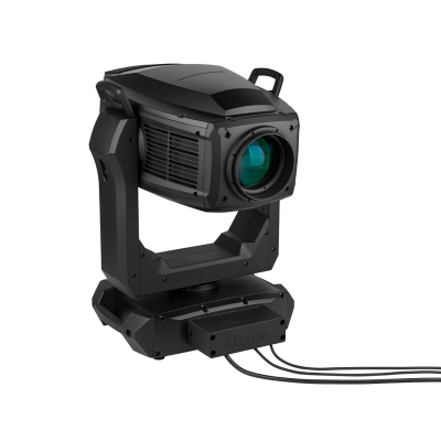 Projetor de iluminação móvel preto com lente azul-esverdeada e base preta.