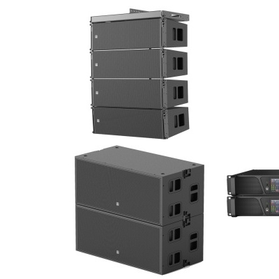 Sistema de som profissional com colunas preto e amplificadores com ecrã digital.