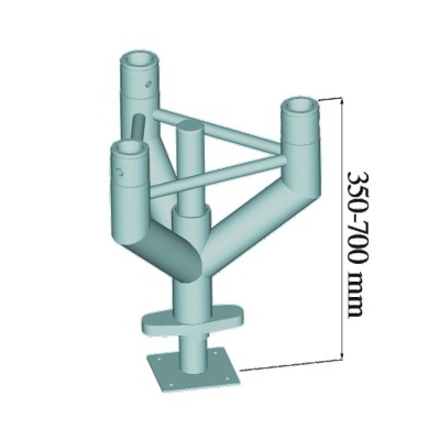 Suporte metálico cinza para postes com tubos verticais e base quadrada