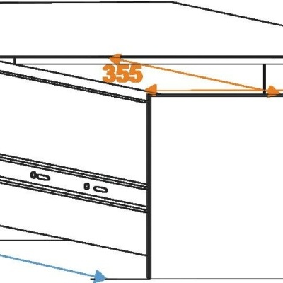 Móvel branco com gaveta aberta e medidas em milímetros