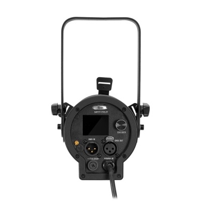 Parte traseira de projetor de luz LED preto com suporte e conectores DMX