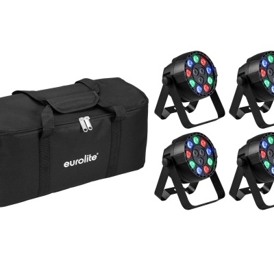 Quatro luzes LED RGB pretas com suporte e uma bolsa preta Eurolite
