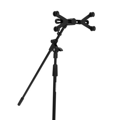 Suporte de microfone preto ajustável em fundo branco