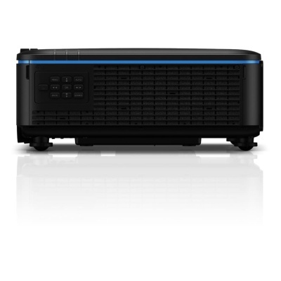 Projetor preto com detalhes azuis e botões de controlo