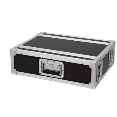 Mala de transporte preta e prateada com puxador metálico embutido