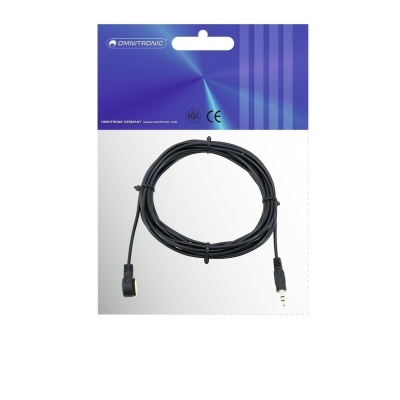 Cabo de áudio preto e embalagem em blister transparente com cartão azul.