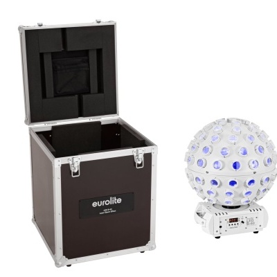 Caixa de transporte preta com etiqueta eurolite e esfera de luz branca com orifícios azuis em base branca